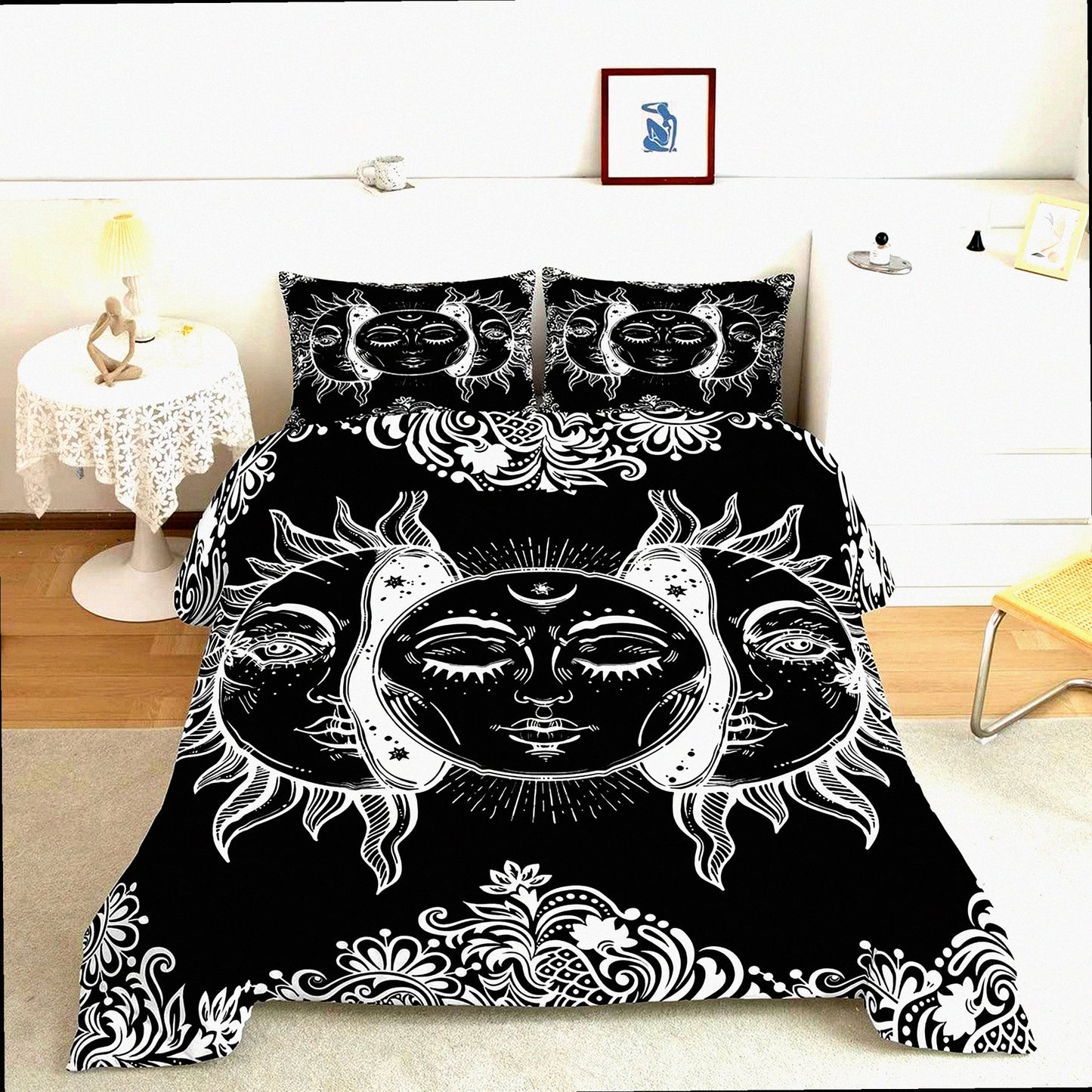 Boho Botanical Bliss Comforter Set - Exotic Bohemian Bedding for Women & Teens - Black & White Floral Quilted Duvet with Pillowcases - Sun & Moon Design