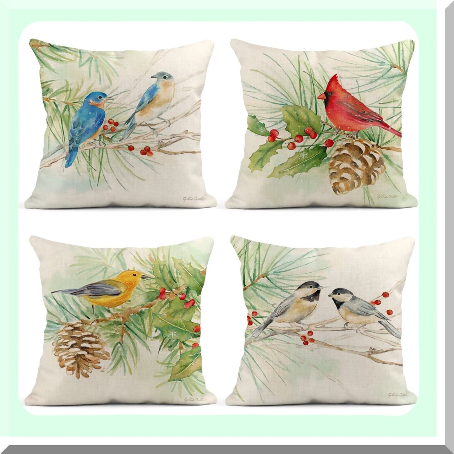 Winter Birds Watercolor Pillow Covers - Set of 4 Square Linen Cushion Covers for Outdoor Bed Sofa Bar Wedding Couch Family Decor 18x18 inches