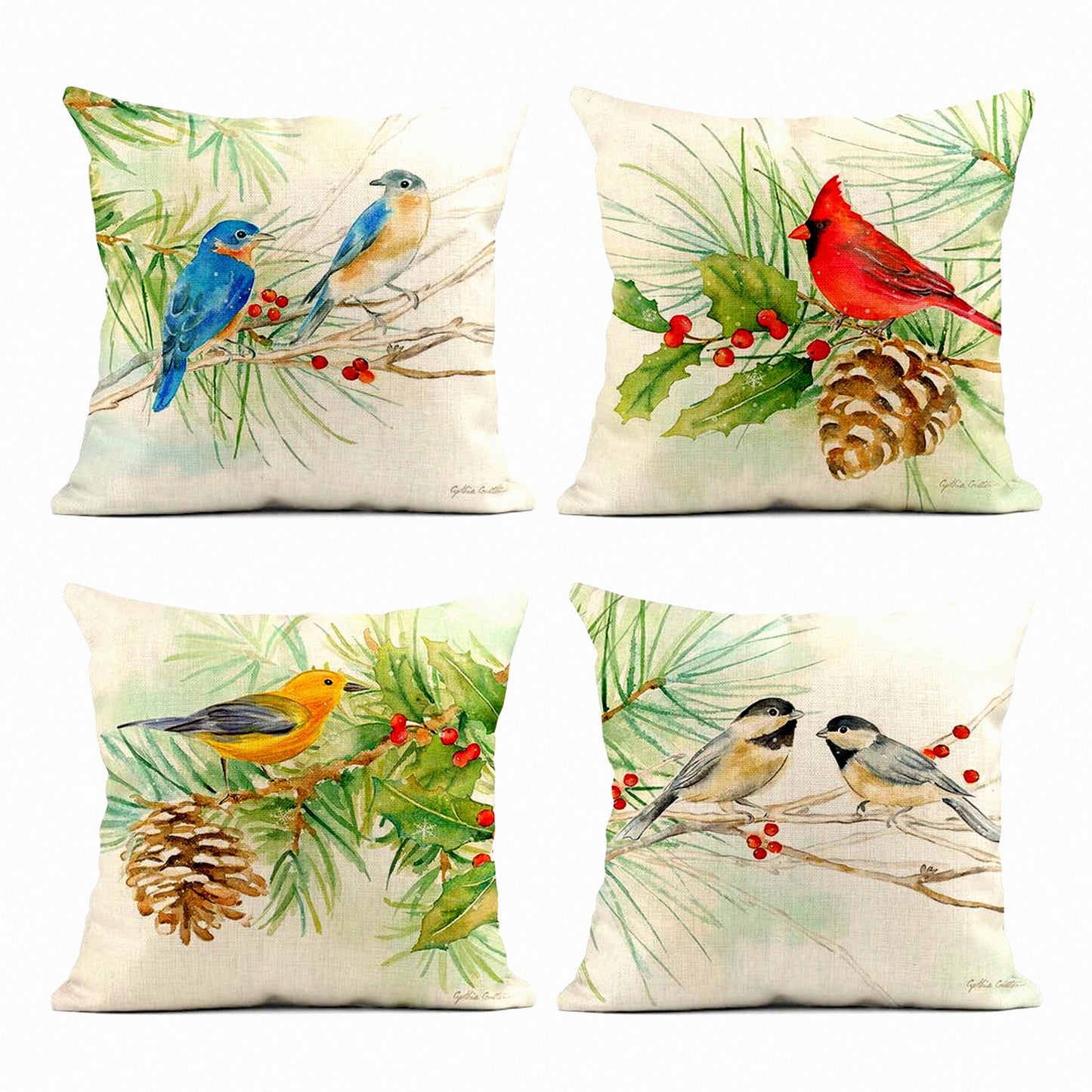 Winter Birds Watercolor Pillow Covers - Set of 4 Square Linen Cushion Covers for Outdoor Bed Sofa Bar Wedding Couch Family Decor 18x18 inches