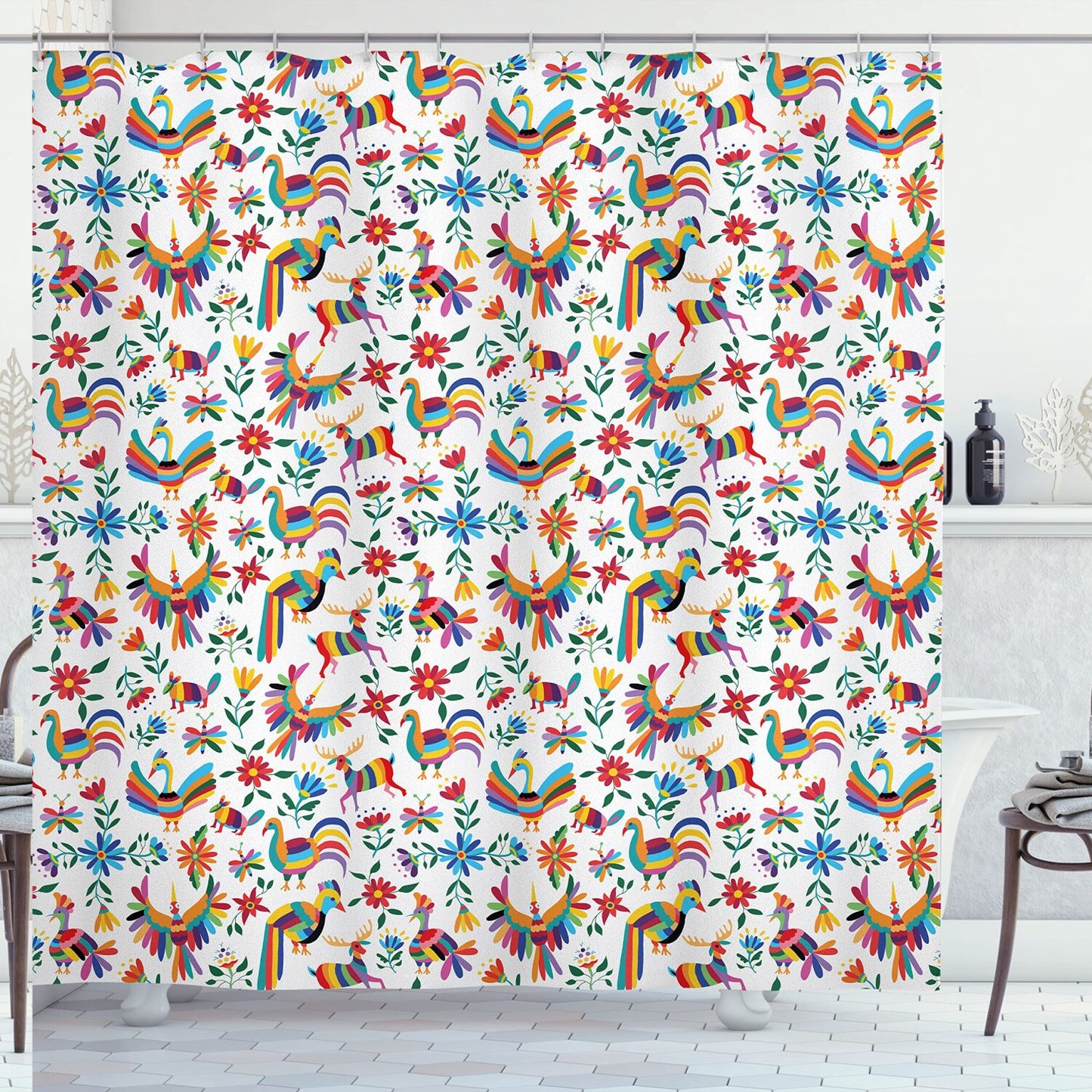 Mexican Shower Curtain Blue Orange 105" Fabric