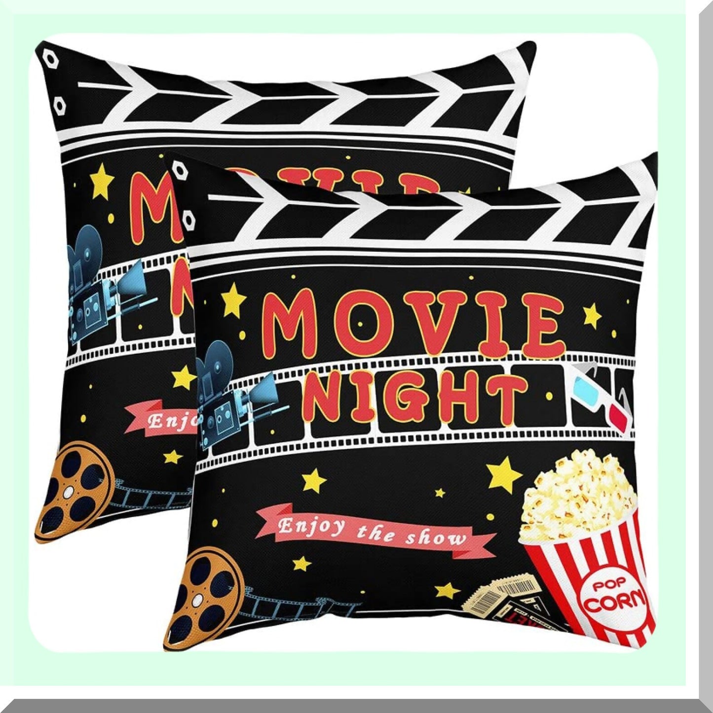 Popcorn Theater Show Reversible Throw Pillow Covers - Cinema Poster Square Cushion Set of 2 - Old Fashion Home Decor 18 x 18-Inch