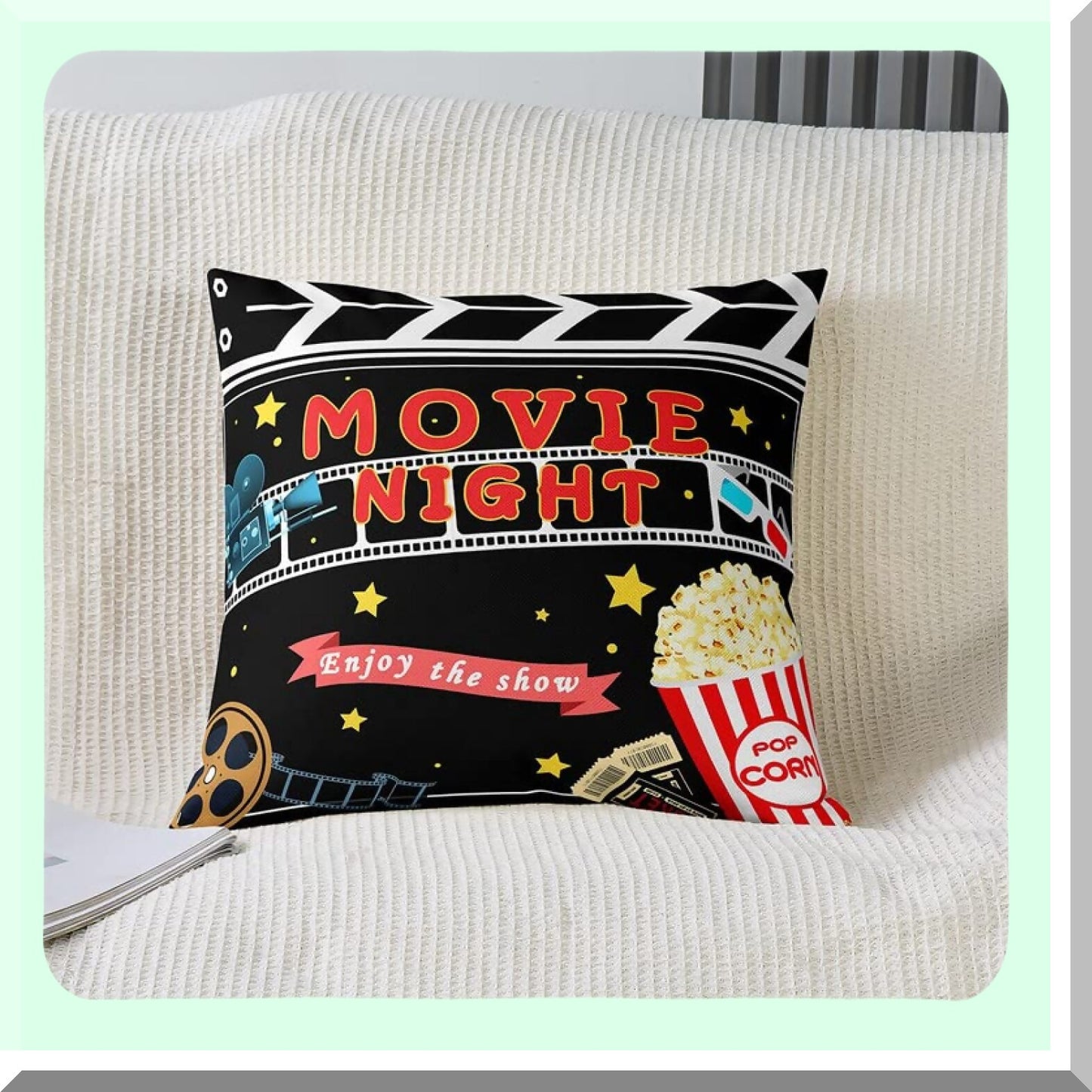Popcorn Theater Show Reversible Throw Pillow Covers - Cinema Poster Square Cushion Set of 2 - Old Fashion Home Decor 18 x 18-Inch