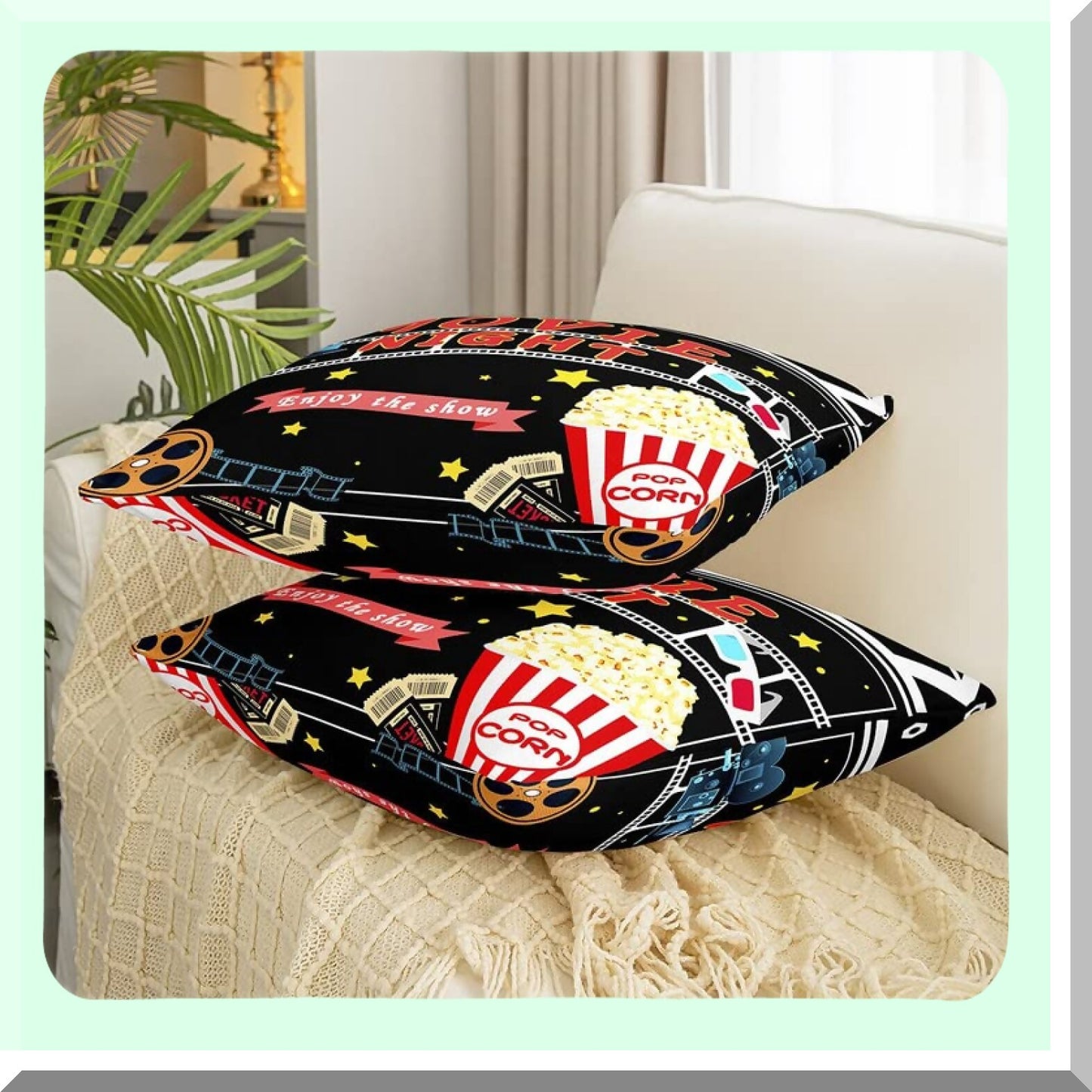 Popcorn Theater Show Reversible Throw Pillow Covers - Cinema Poster Square Cushion Set of 2 - Old Fashion Home Decor 18 x 18-Inch