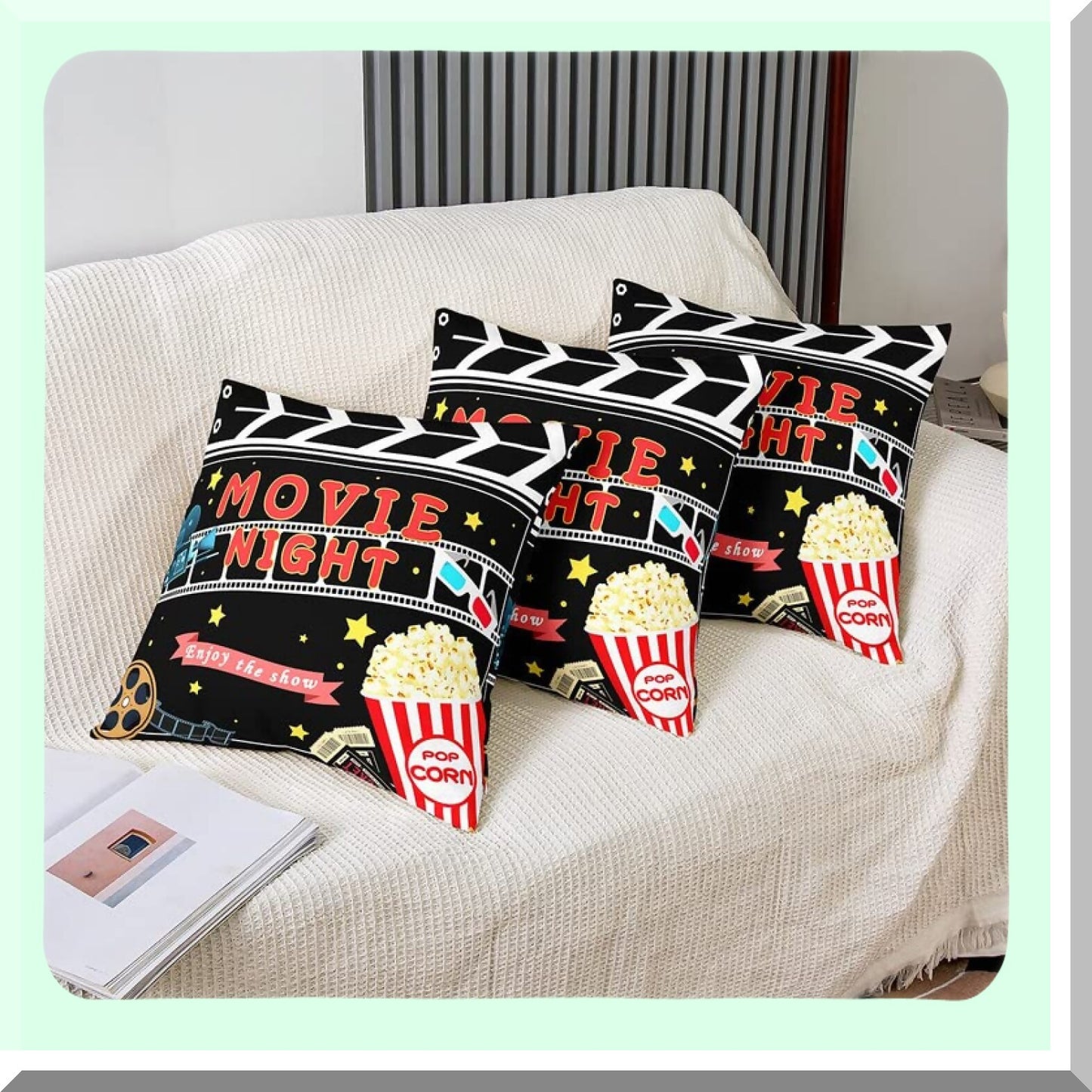 Popcorn Theater Show Reversible Throw Pillow Covers - Cinema Poster Square Cushion Set of 2 - Old Fashion Home Decor 18 x 18-Inch
