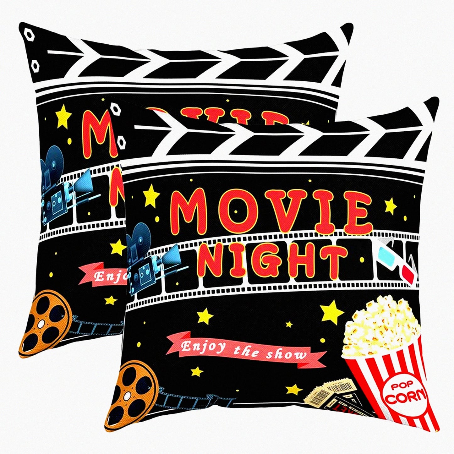 Popcorn Theater Show Reversible Throw Pillow Covers - Cinema Poster Square Cushion Set of 2 - Old Fashion Home Decor 18 x 18-Inch