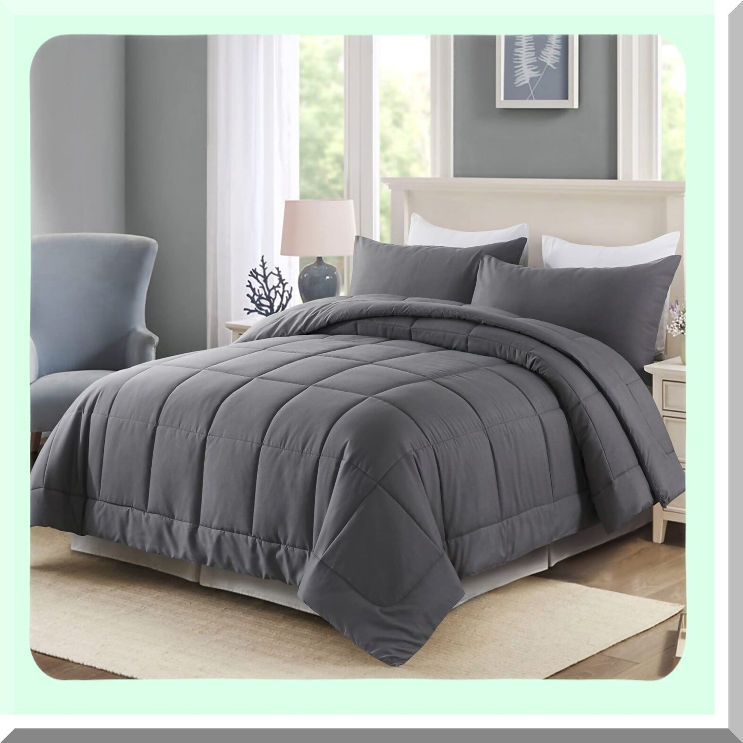 All Season Queen Comforter Set - Grey Down Alternative Bedding with 2 Pillow Cases - 3 Piece Queen Size Comforter Set - Soft & Cozy Bedding Sets