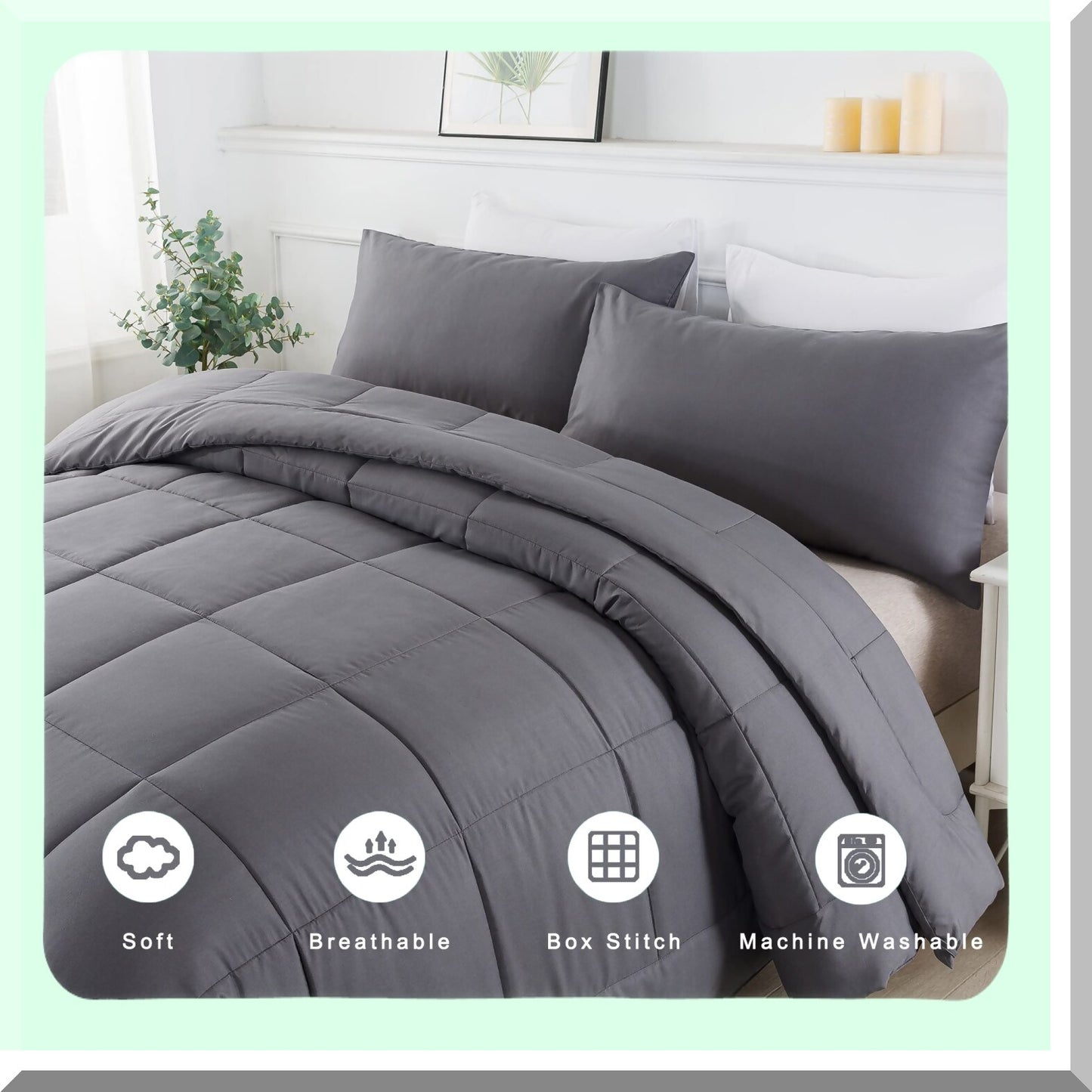 All Season Queen Comforter Set - Grey Down Alternative Bedding with 2 Pillow Cases - 3 Piece Queen Size Comforter Set - Soft & Cozy Bedding Sets