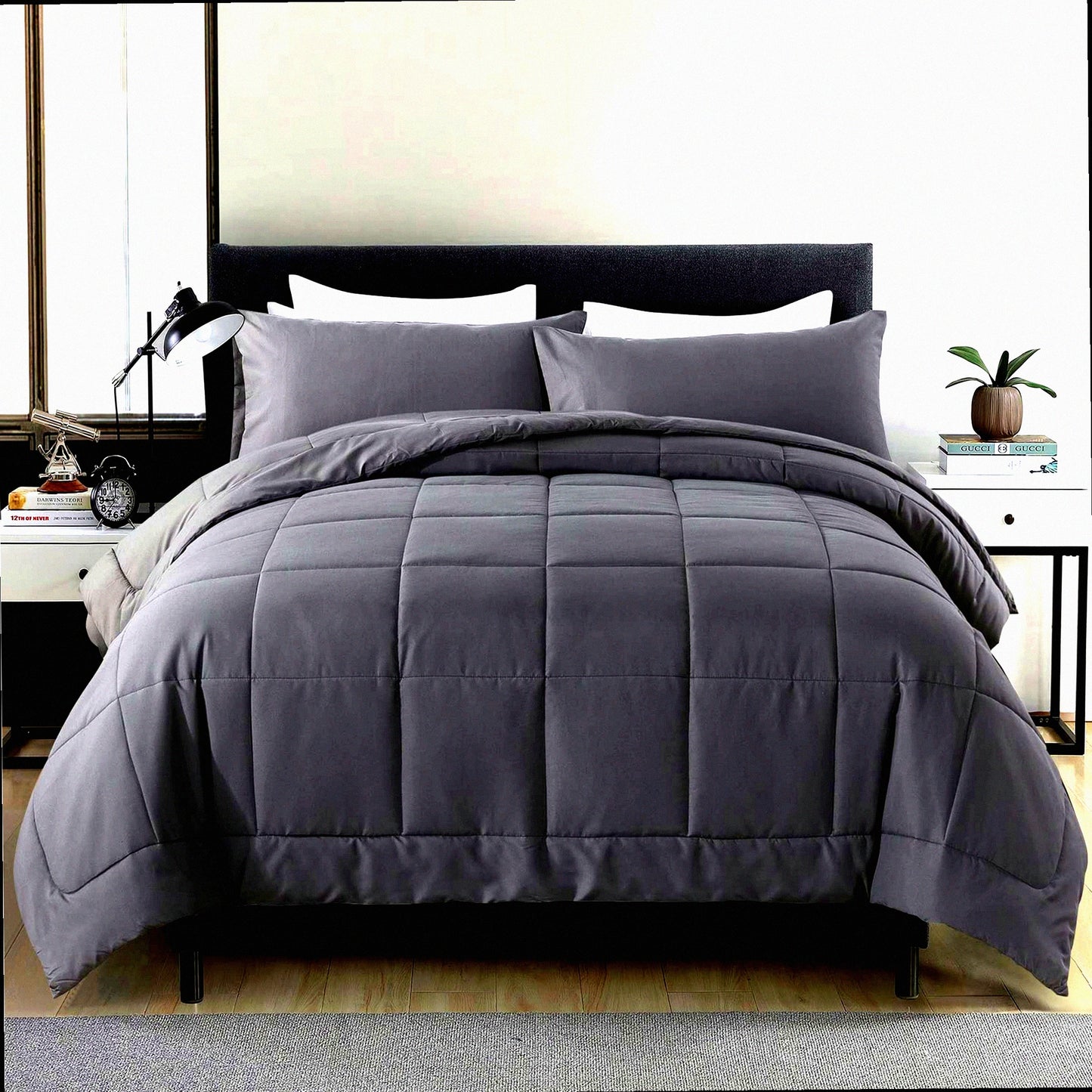 All Season Queen Comforter Set - Grey Down Alternative Bedding with 2 Pillow Cases - 3 Piece Queen Size Comforter Set - Soft & Cozy Bedding Sets