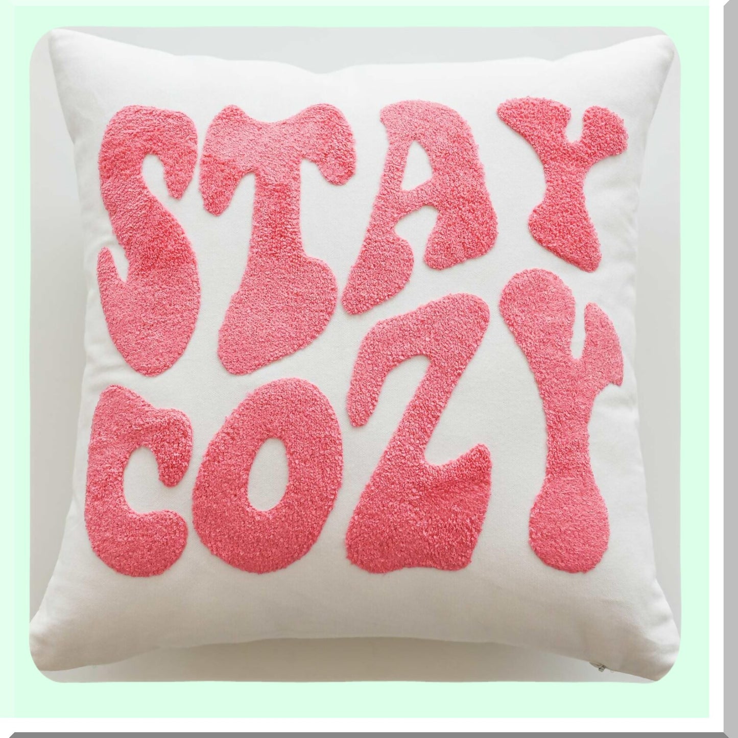 Pink Cozy Embroidered Throw Pillow Cover - Decorative 18x18 Inches - Stay Cozy Design - Soft Cushion Cover - Home Decor Accent