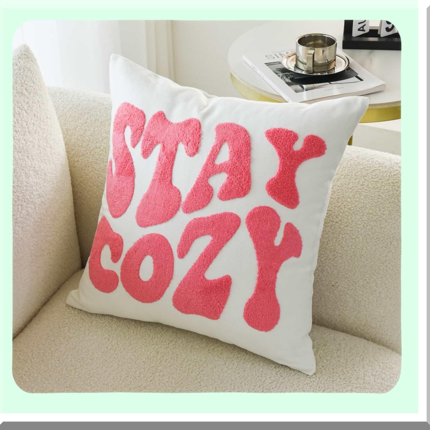 Pink Cozy Embroidered Throw Pillow Cover - Decorative 18x18 Inches - Stay Cozy Design - Soft Cushion Cover - Home Decor Accent