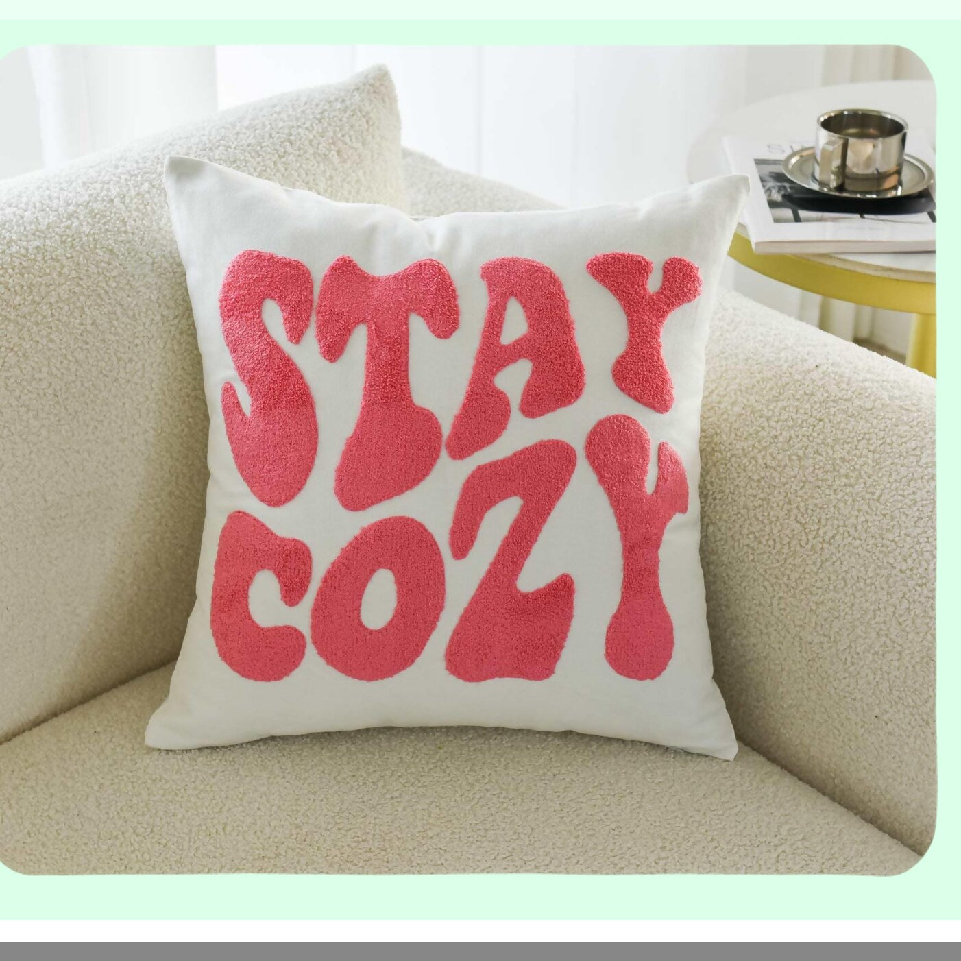 Pink Cozy Embroidered Throw Pillow Cover - Decorative 18x18 Inches - Stay Cozy Design - Soft Cushion Cover - Home Decor Accent