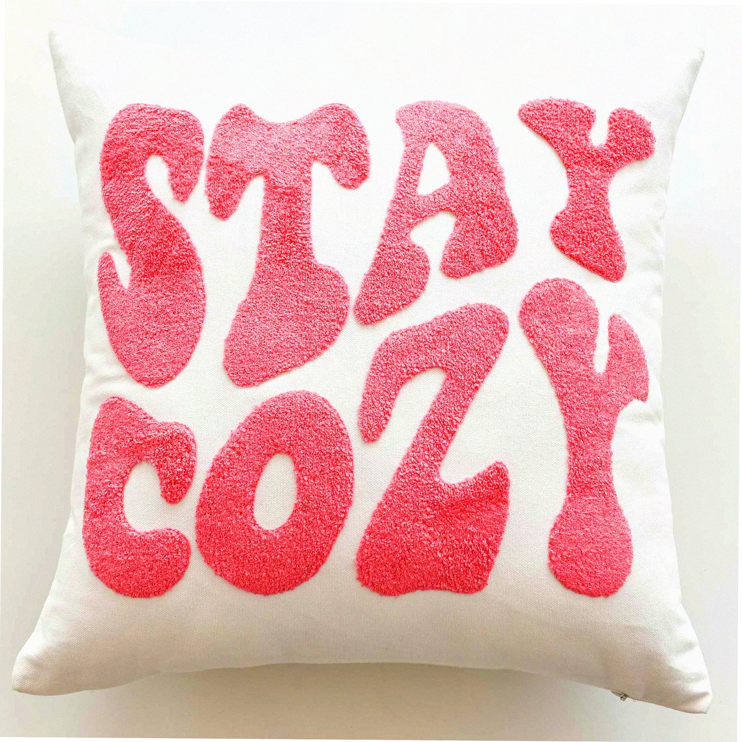 Pink Cozy Embroidered Throw Pillow Cover - Decorative 18x18 Inches - Stay Cozy Design - Soft Cushion Cover - Home Decor Accent