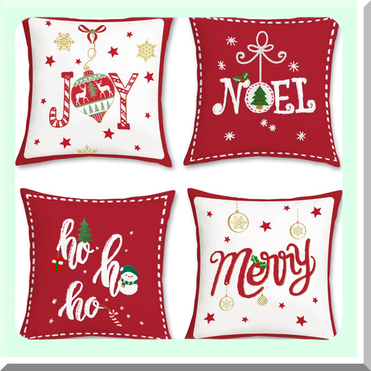 Holiday Hoho Joy Red Throw Pillow Covers - Set of 4, 18x18 Inch Decorative Pillows for Couch Sofa Bed Home Decor - Xmas Theme