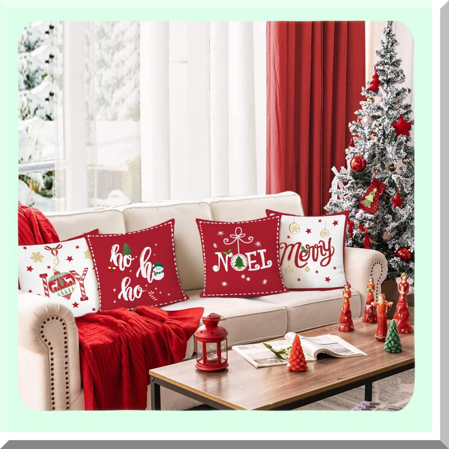 Holiday Hoho Joy Red Throw Pillow Covers - Set of 4, 18x18 Inch Decorative Pillows for Couch Sofa Bed Home Decor - Xmas Theme