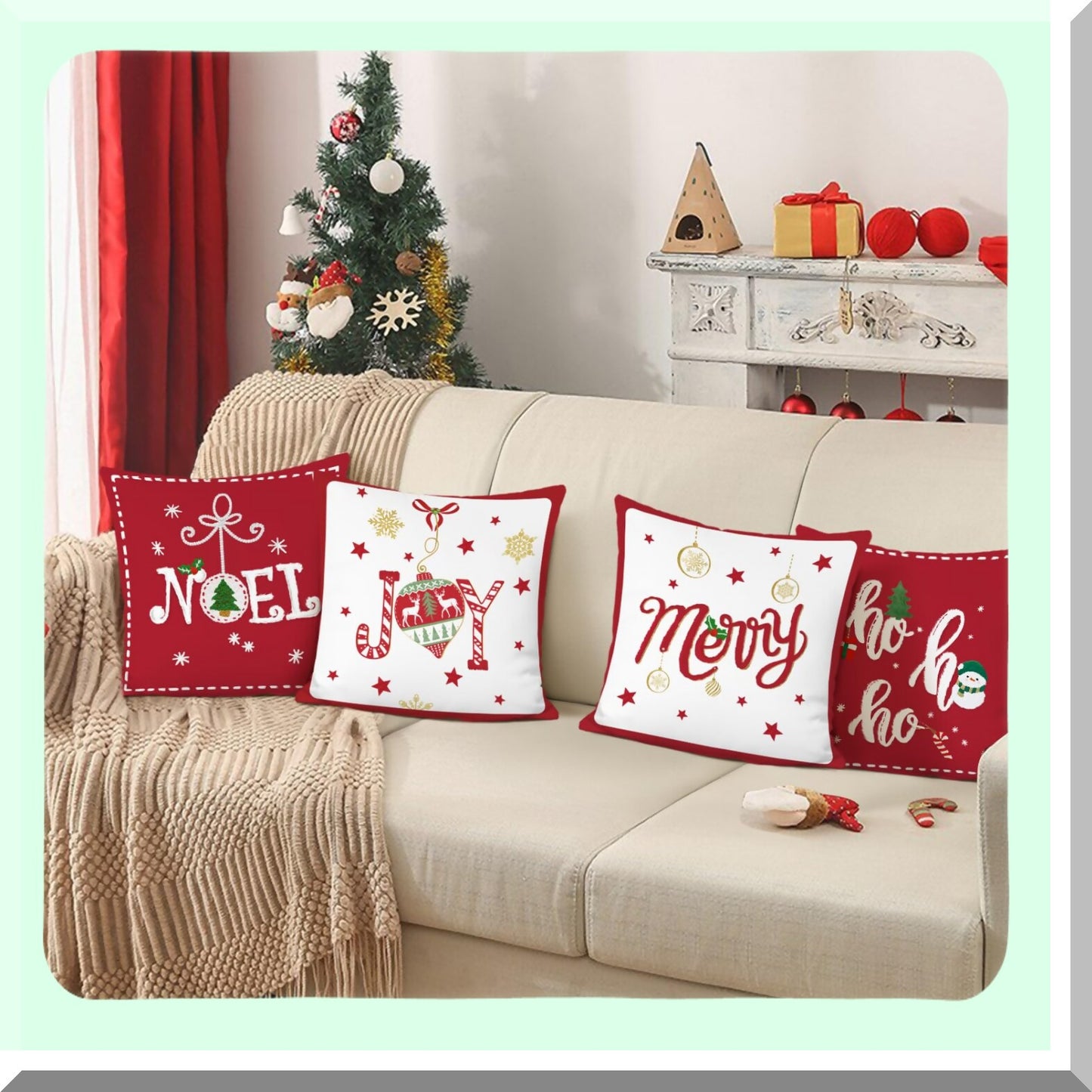 Holiday Hoho Joy Red Throw Pillow Covers - Set of 4, 18x18 Inch Decorative Pillows for Couch Sofa Bed Home Decor - Xmas Theme