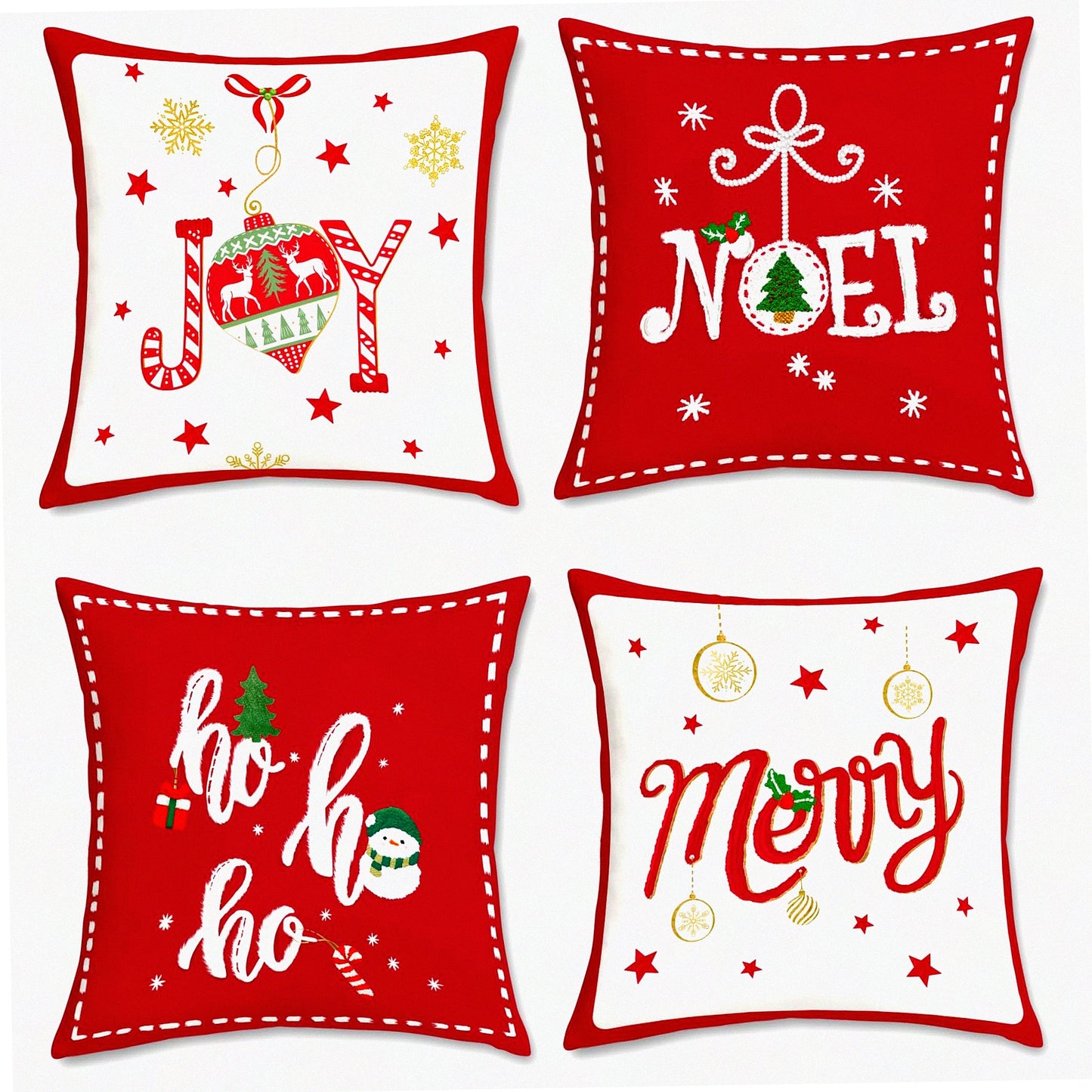 Holiday Hoho Joy Red Throw Pillow Covers - Set of 4, 18x18 Inch Decorative Pillows for Couch Sofa Bed Home Decor - Xmas Theme