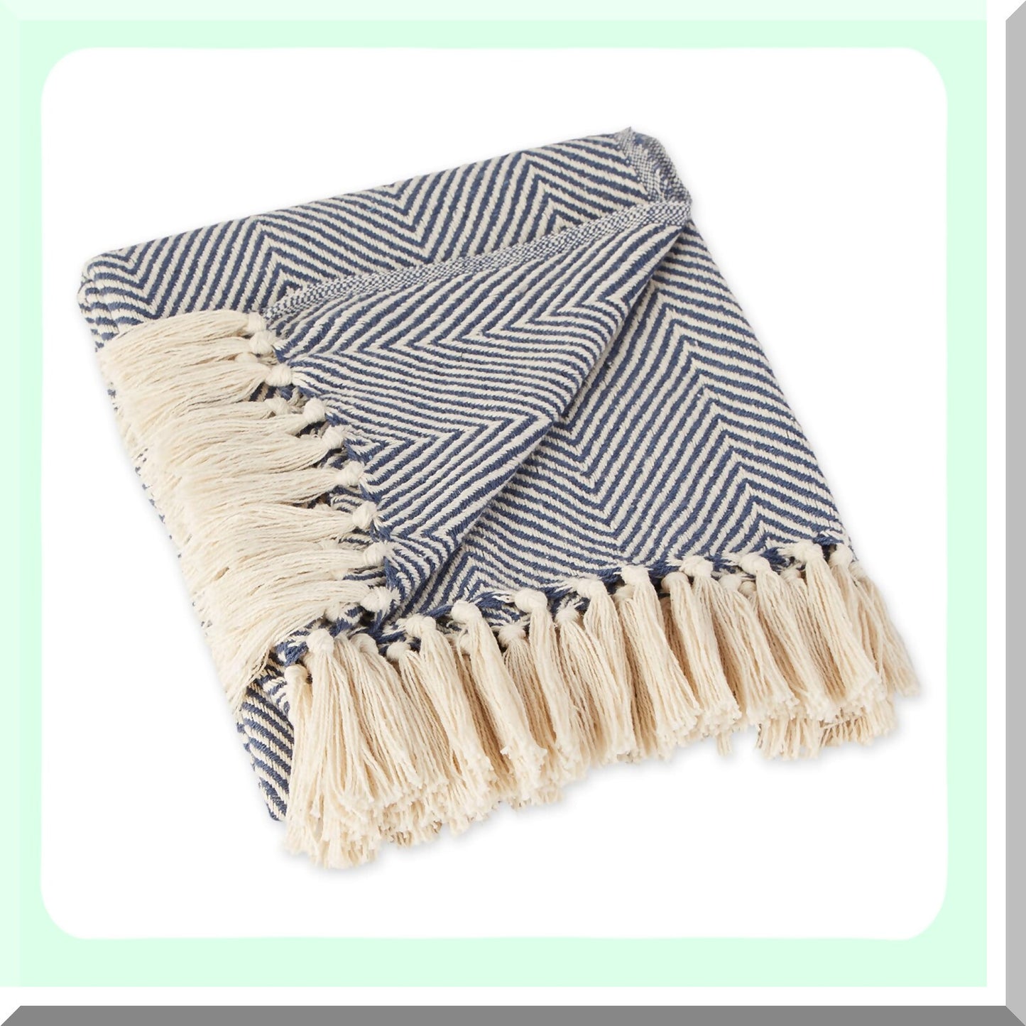 Urban Farmhouse Chevron Cotton Throw Blanket - French Blue, 50x60, Perfect for Chair, Couch, Picnic, Camping, Beach, Everyday Use, with Fringe