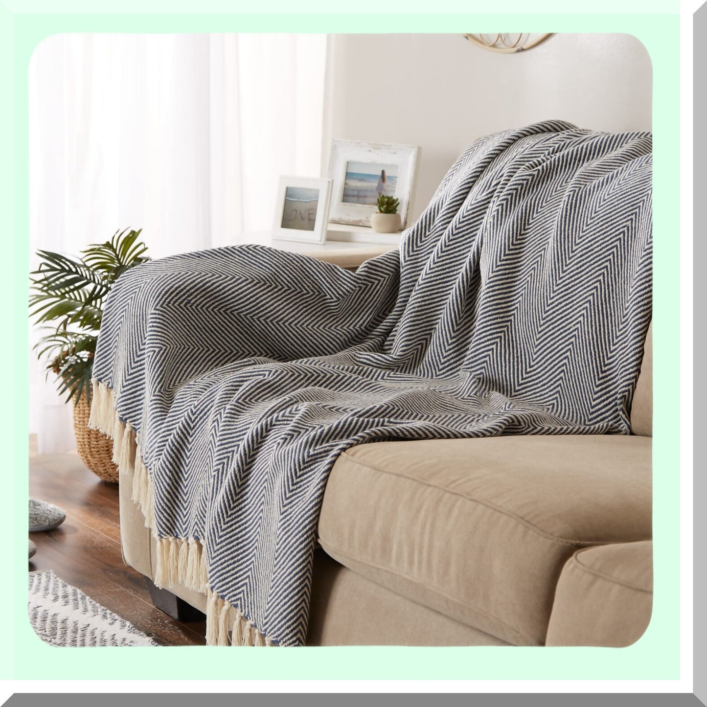 Urban Farmhouse Chevron Cotton Throw Blanket - French Blue, 50x60, Perfect for Chair, Couch, Picnic, Camping, Beach, Everyday Use, with Fringe