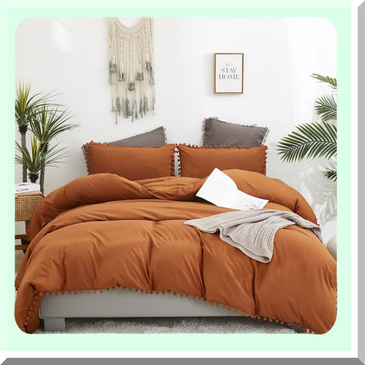 Terracotta Rust Boho Pom Pom Comforter Set - Queen Size Quilted Bedding with Fringe Tassels, Farmhouse Chic Design, Breathable Cotton Material - 3 Piece Bed Set