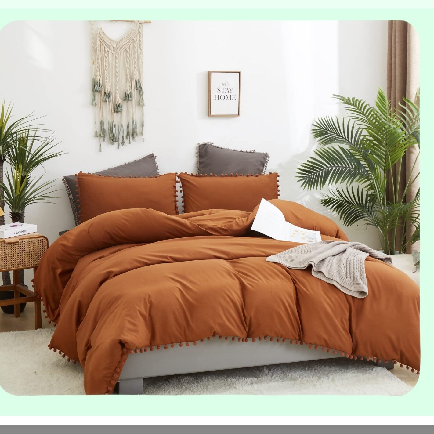 Terracotta Rust Boho Pom Pom Comforter Set - Queen Size Quilted Bedding with Fringe Tassels, Farmhouse Chic Design, Breathable Cotton Material - 3 Piece Bed Set