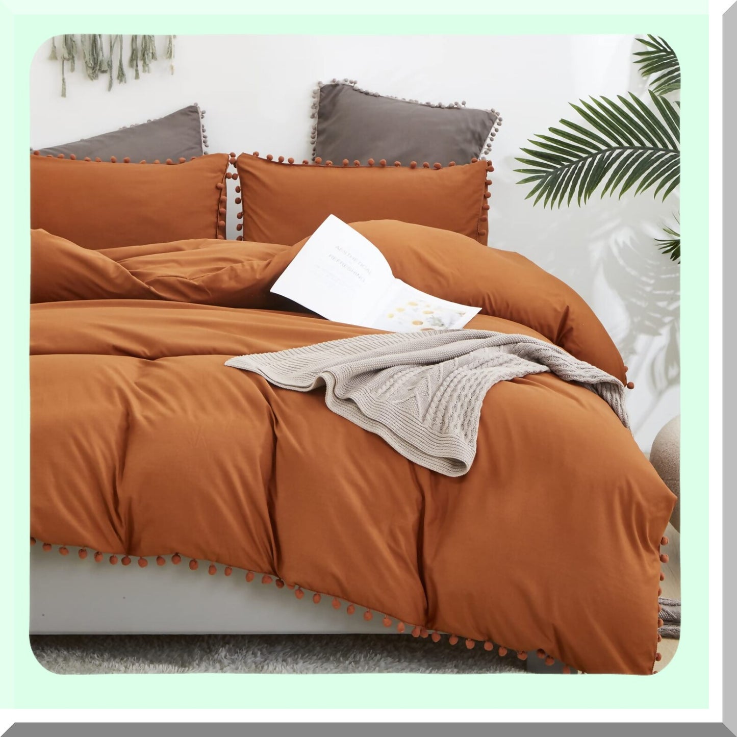 Terracotta Rust Boho Pom Pom Comforter Set - Queen Size Quilted Bedding with Fringe Tassels, Farmhouse Chic Design, Breathable Cotton Material - 3 Piece Bed Set
