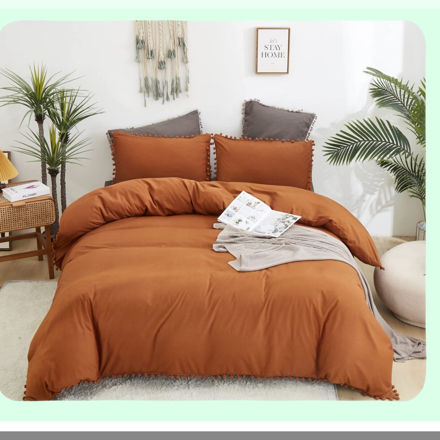 Terracotta Rust Boho Pom Pom Comforter Set - Queen Size Quilted Bedding with Fringe Tassels, Farmhouse Chic Design, Breathable Cotton Material - 3 Piece Bed Set