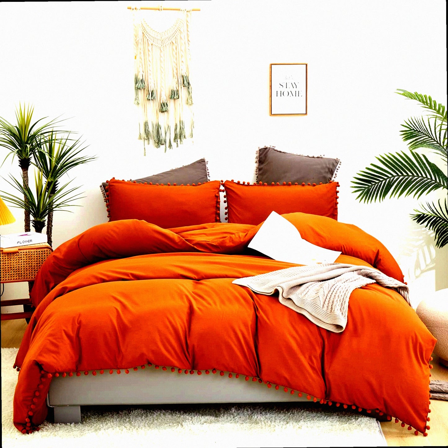 Terracotta Rust Boho Pom Pom Comforter Set - Queen Size Quilted Bedding with Fringe Tassels, Farmhouse Chic Design, Breathable Cotton Material - 3 Piece Bed Set