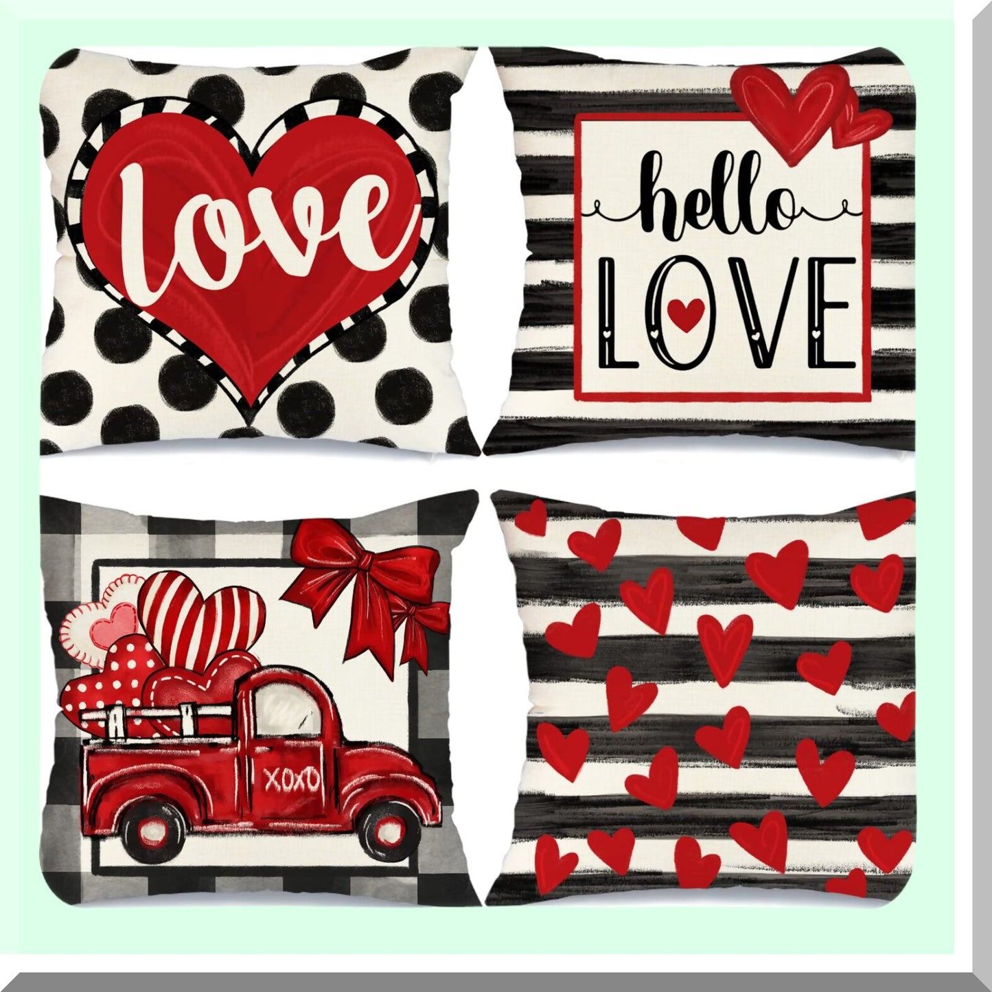 Valentine's Day Buffalo Plaid Pillow Set - Polka Dot Love Heart Truck Pillows - Decorative Throw Cushions for Home Decor - Stripes Valentine's Day Decorations - 18x18 Set of 4