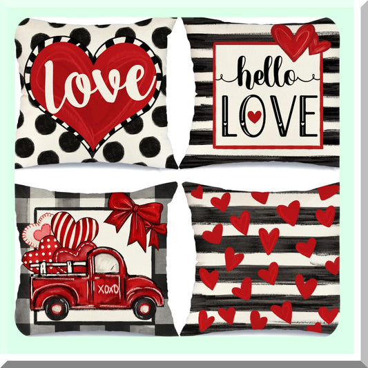 Valentine's Day Buffalo Plaid Pillow Set - Polka Dot Love Heart Truck Pillows - Decorative Throw Cushions for Home Decor - Stripes Valentine's Day Decorations - 18x18 Set of 4