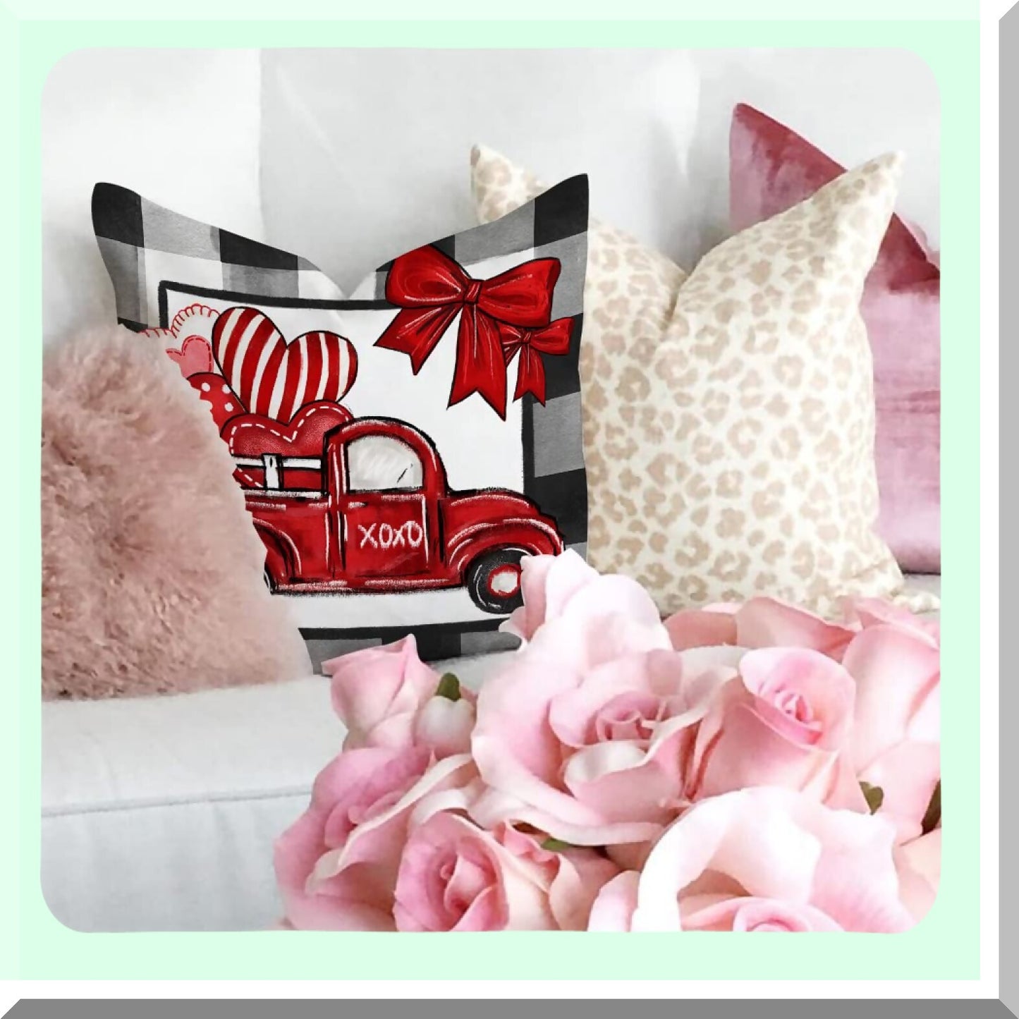 Valentine's Day Buffalo Plaid Pillow Set - Polka Dot Love Heart Truck Pillows - Decorative Throw Cushions for Home Decor - Stripes Valentine's Day Decorations - 18x18 Set of 4