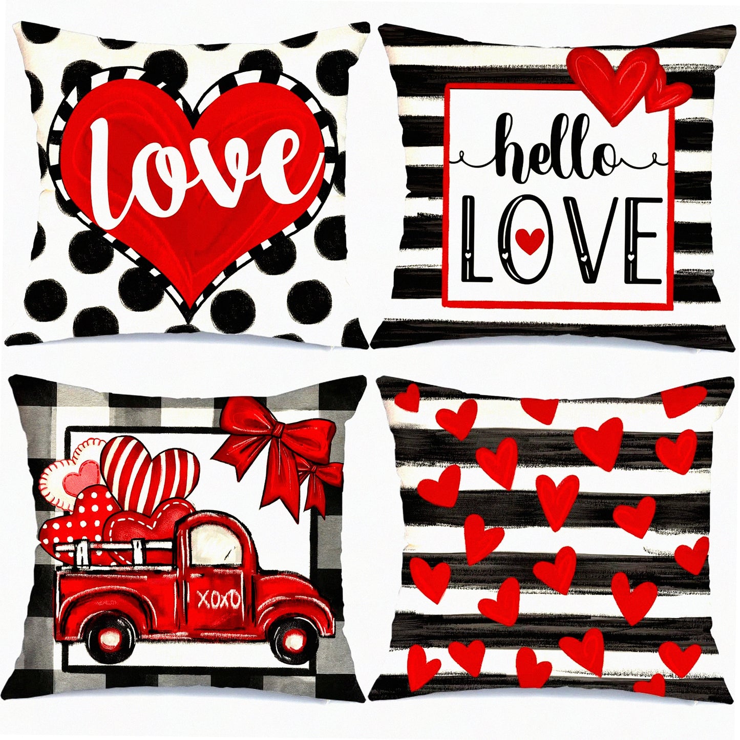 Valentine's Day Buffalo Plaid Pillow Set - Polka Dot Love Heart Truck Pillows - Decorative Throw Cushions for Home Decor - Stripes Valentine's Day Decorations - 18x18 Set of 4