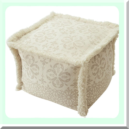 Boho Chic Square Pouf Cover - Stylish Home Decor Ottoman Chair Cover - White 40x40x30cm - Unstuffed Pouf Slipcover