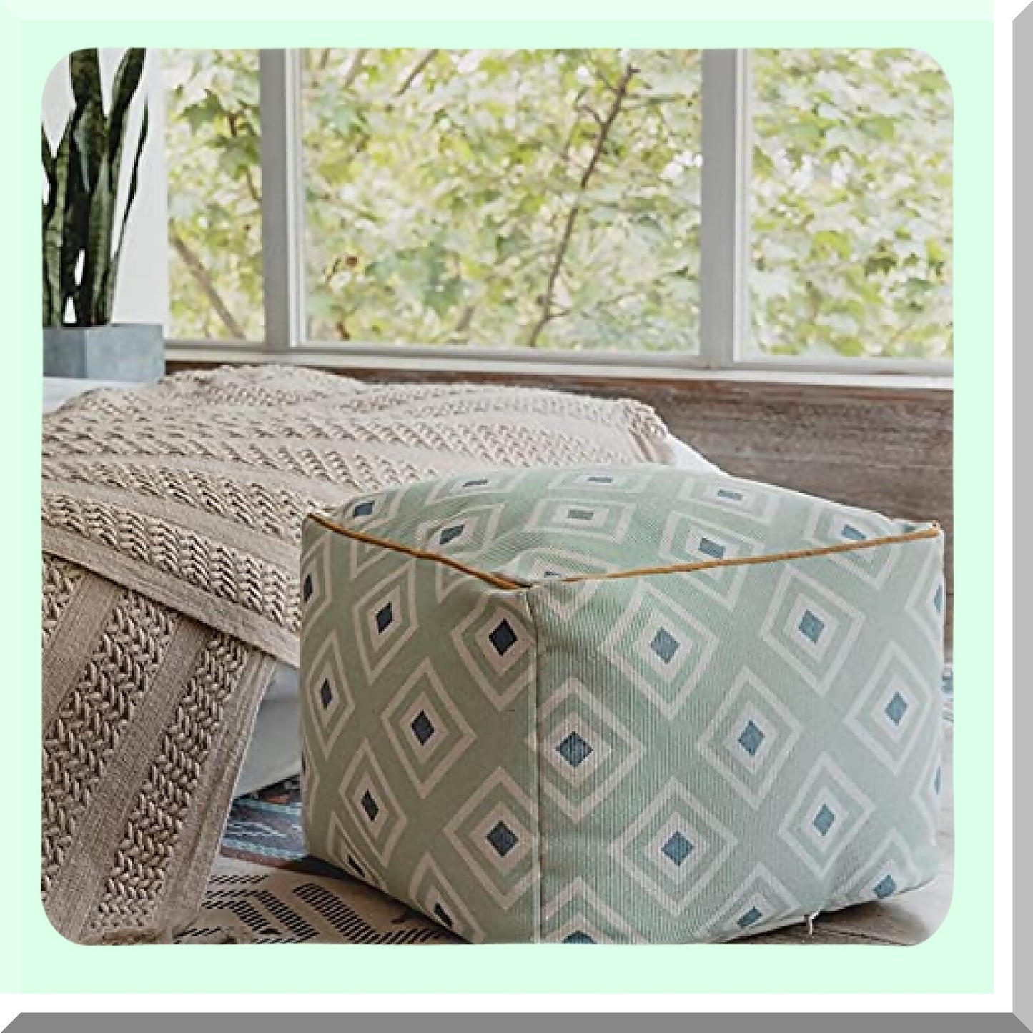 Boho Chic Square Pouf Cover - Stylish Home Decor Ottoman Chair Cover - White 40x40x30cm - Unstuffed Pouf Slipcover