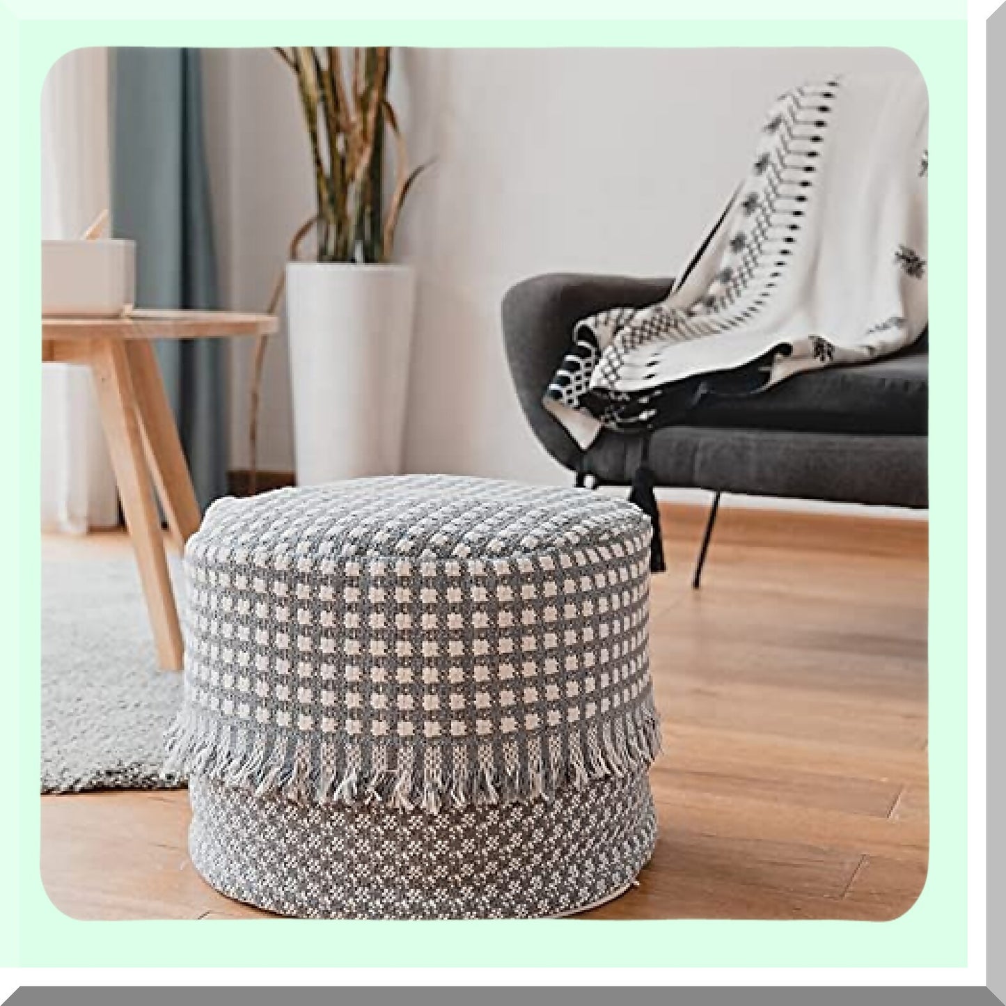 Boho Chic Square Pouf Cover - Stylish Home Decor Ottoman Chair Cover - White 40x40x30cm - Unstuffed Pouf Slipcover
