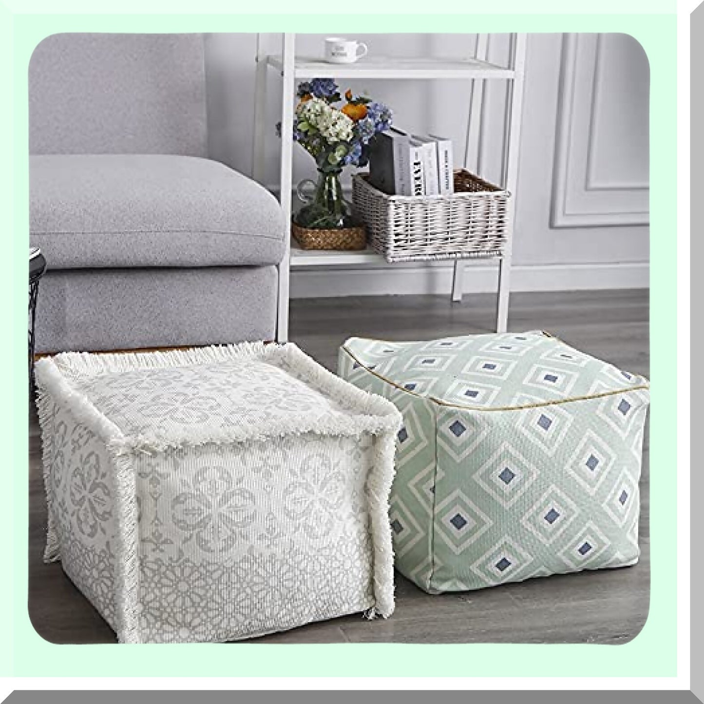 Boho Chic Square Pouf Cover - Stylish Home Decor Ottoman Chair Cover - White 40x40x30cm - Unstuffed Pouf Slipcover