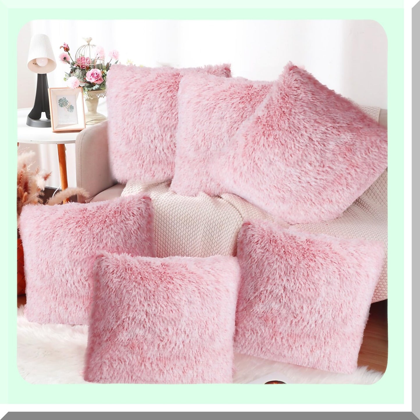 Luxury Fluffy Pink Pillowcase Set - 6 Pcs 18x18 Inch Square Cushion Covers with Zipper Closure for Couch, Bedroom, Living Room Decor