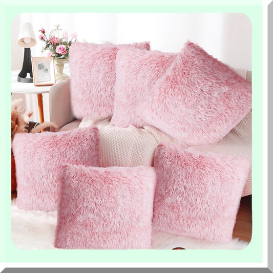 Luxury Fluffy Pink Pillowcase Set - 6 Pcs 18x18 Inch Square Cushion Covers with Zipper Closure for Couch, Bedroom, Living Room Decor