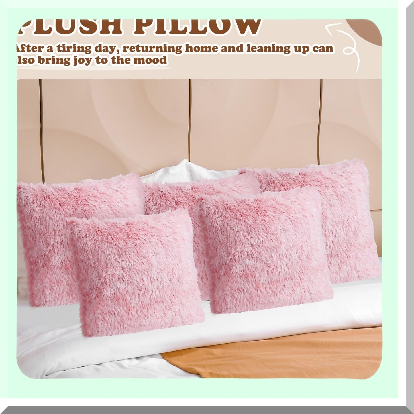 Luxury Fluffy Pink Pillowcase Set - 6 Pcs 18x18 Inch Square Cushion Covers with Zipper Closure for Couch, Bedroom, Living Room Decor