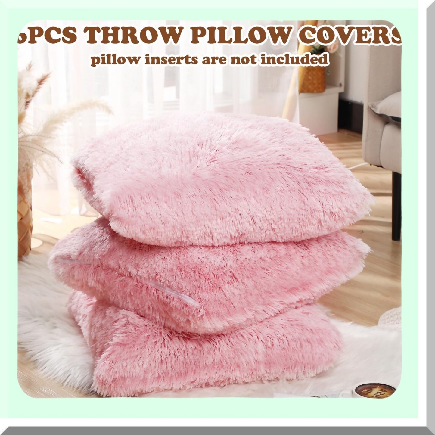 Luxury Fluffy Pink Pillowcase Set - 6 Pcs 18x18 Inch Square Cushion Covers with Zipper Closure for Couch, Bedroom, Living Room Decor
