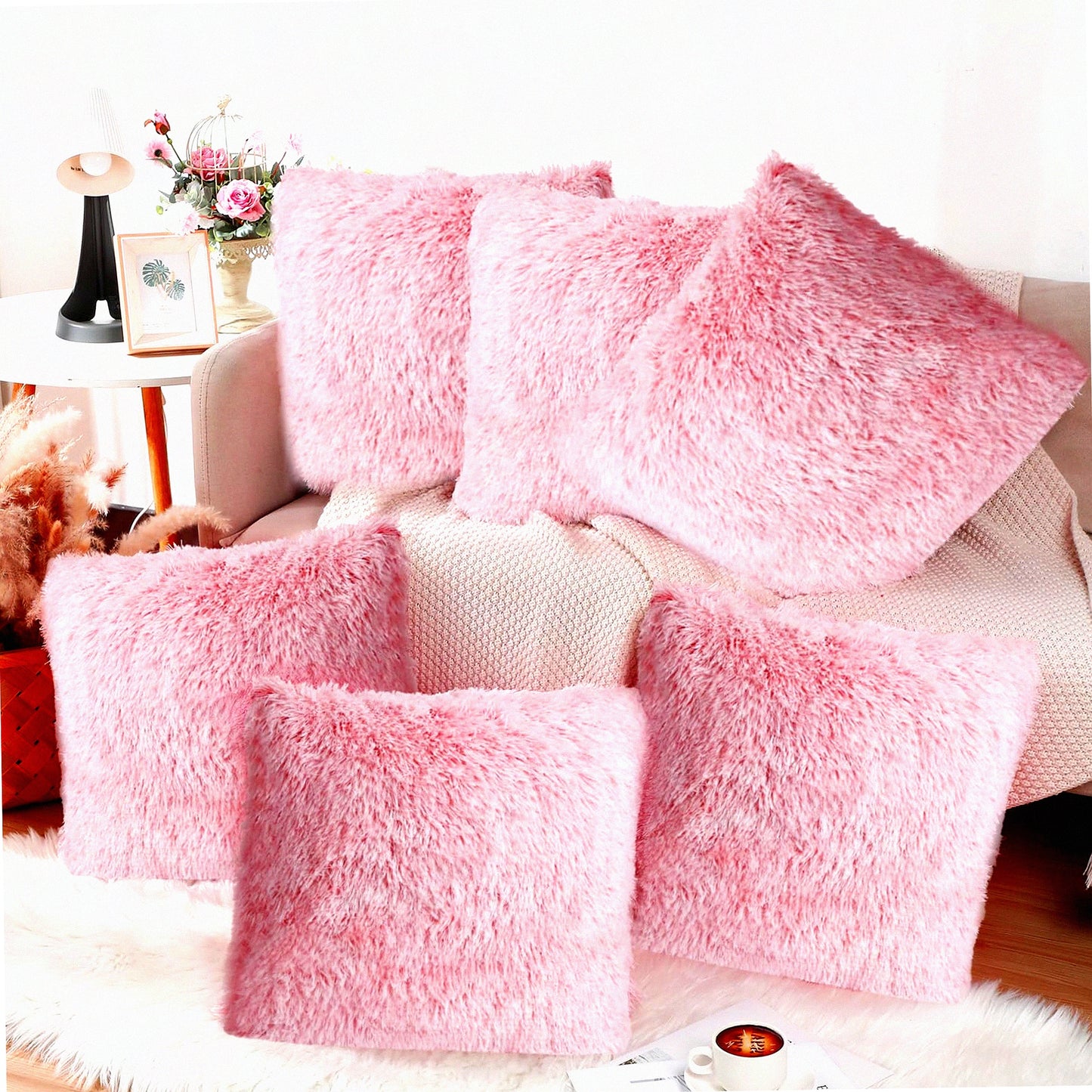 Luxury Fluffy Pink Pillowcase Set - 6 Pcs 18x18 Inch Square Cushion Covers with Zipper Closure for Couch, Bedroom, Living Room Decor