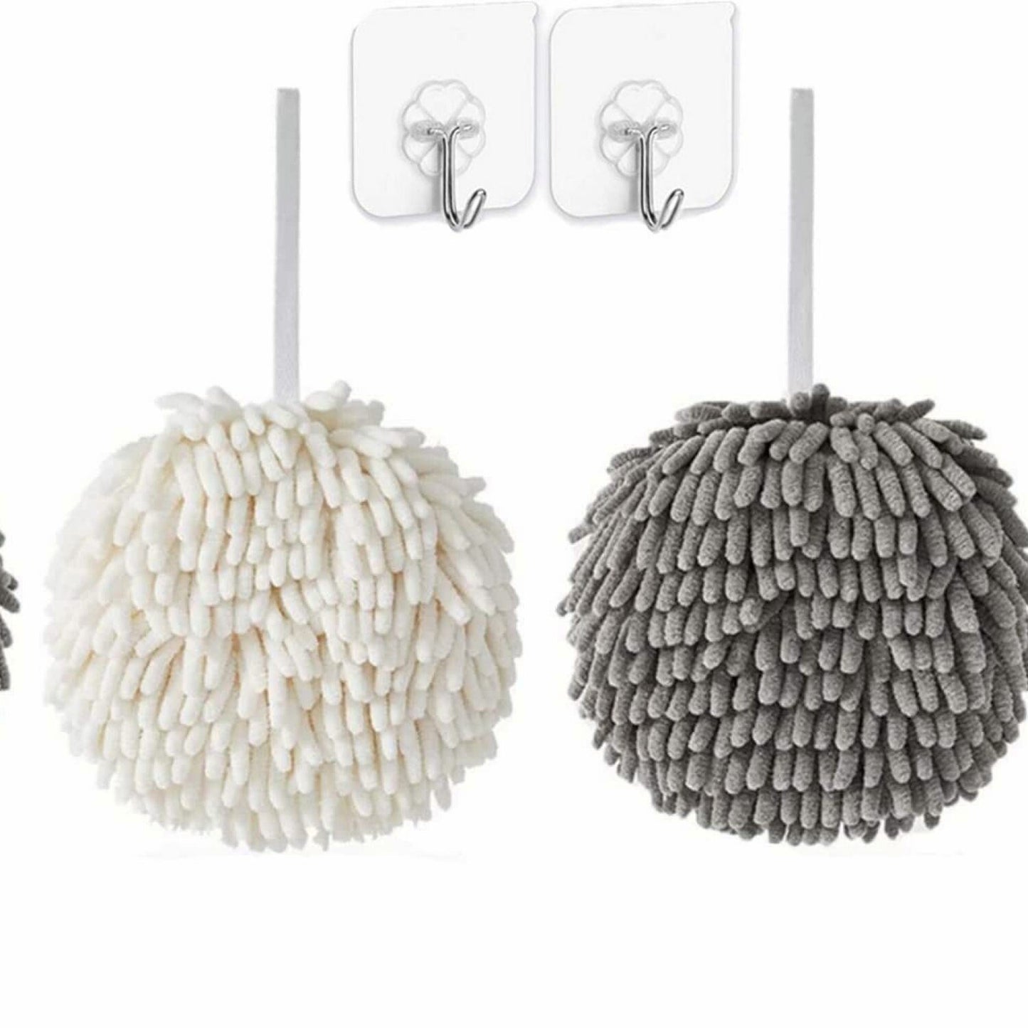 2 Pack Fuzzy Ball Towels White and Gray