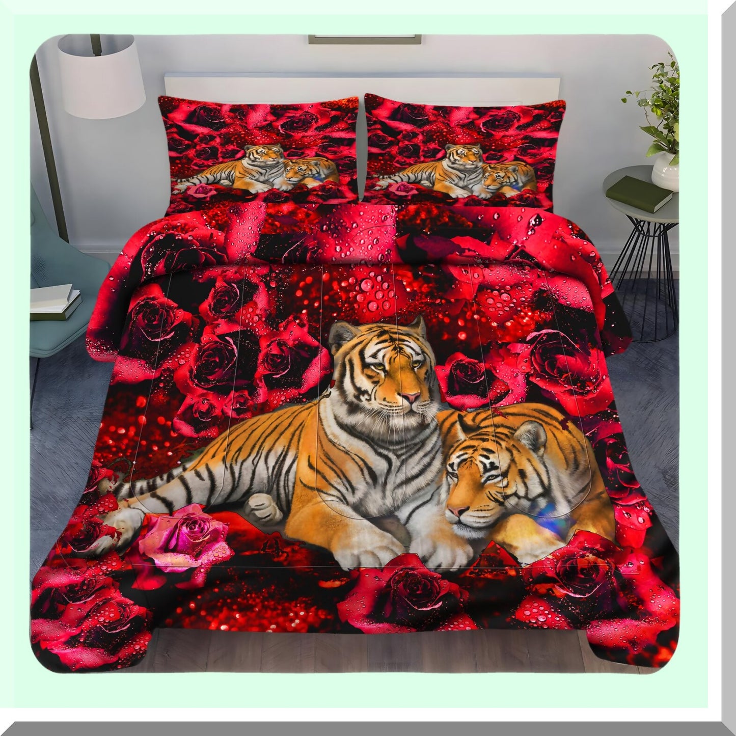 Rose Tiger Garden Comforter Set - 3PC Floral Animal Print Bedding - Romantic Red Flower Bedding Sets for Room Decor