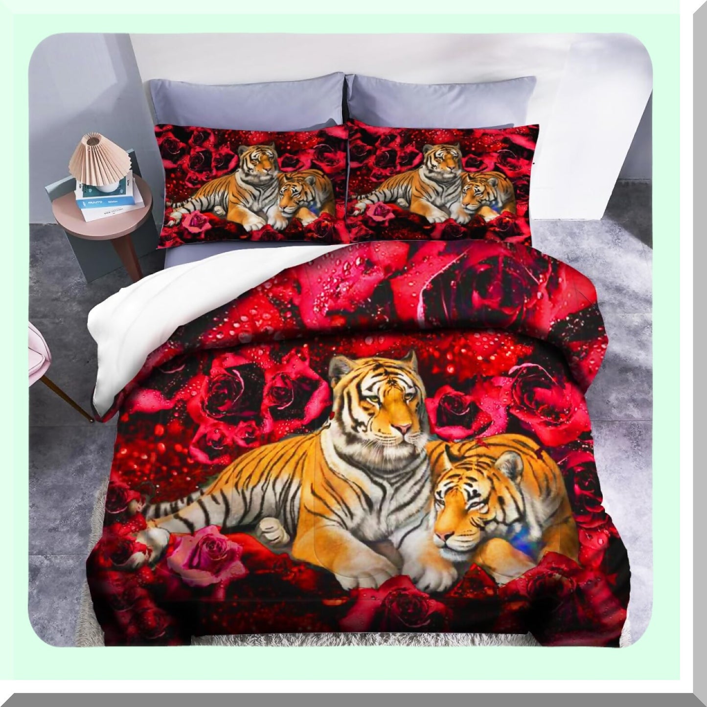 Rose Tiger Garden Comforter Set - 3PC Floral Animal Print Bedding - Romantic Red Flower Bedding Sets for Room Decor