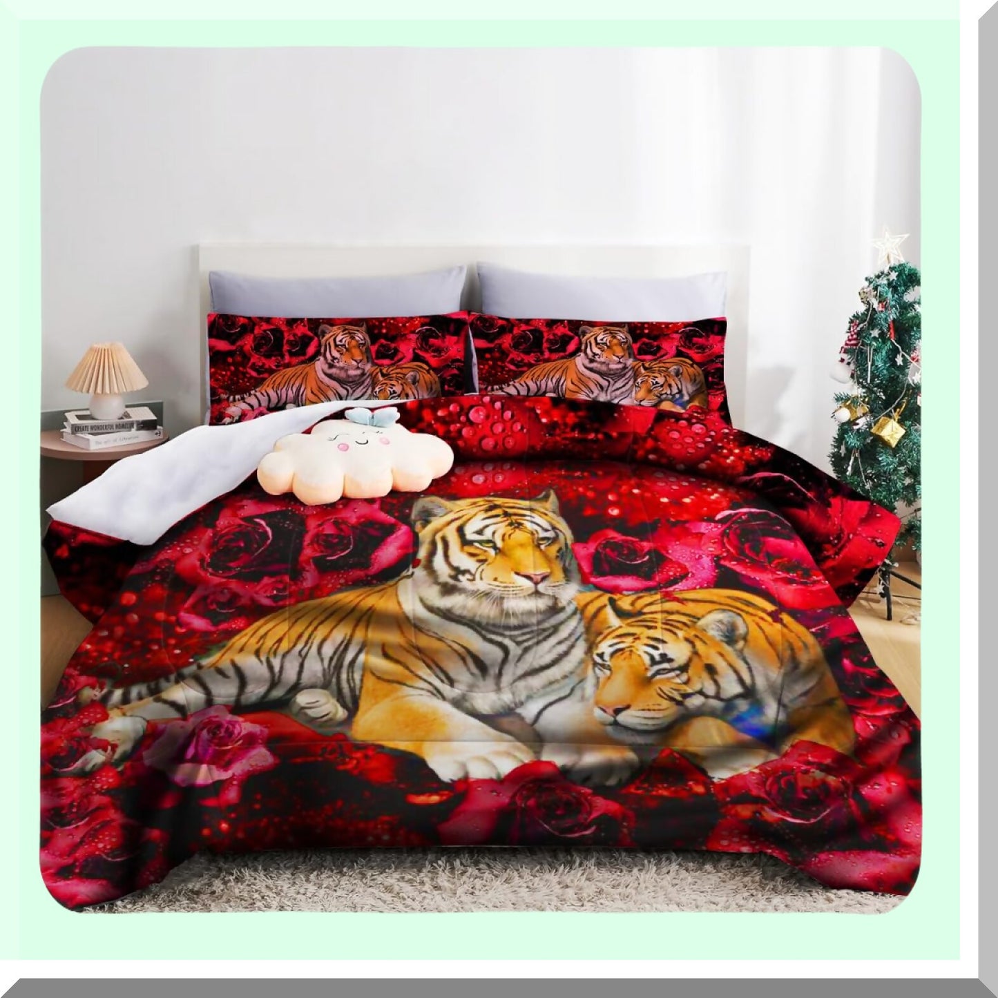 Rose Tiger Garden Comforter Set - 3PC Floral Animal Print Bedding - Romantic Red Flower Bedding Sets for Room Decor