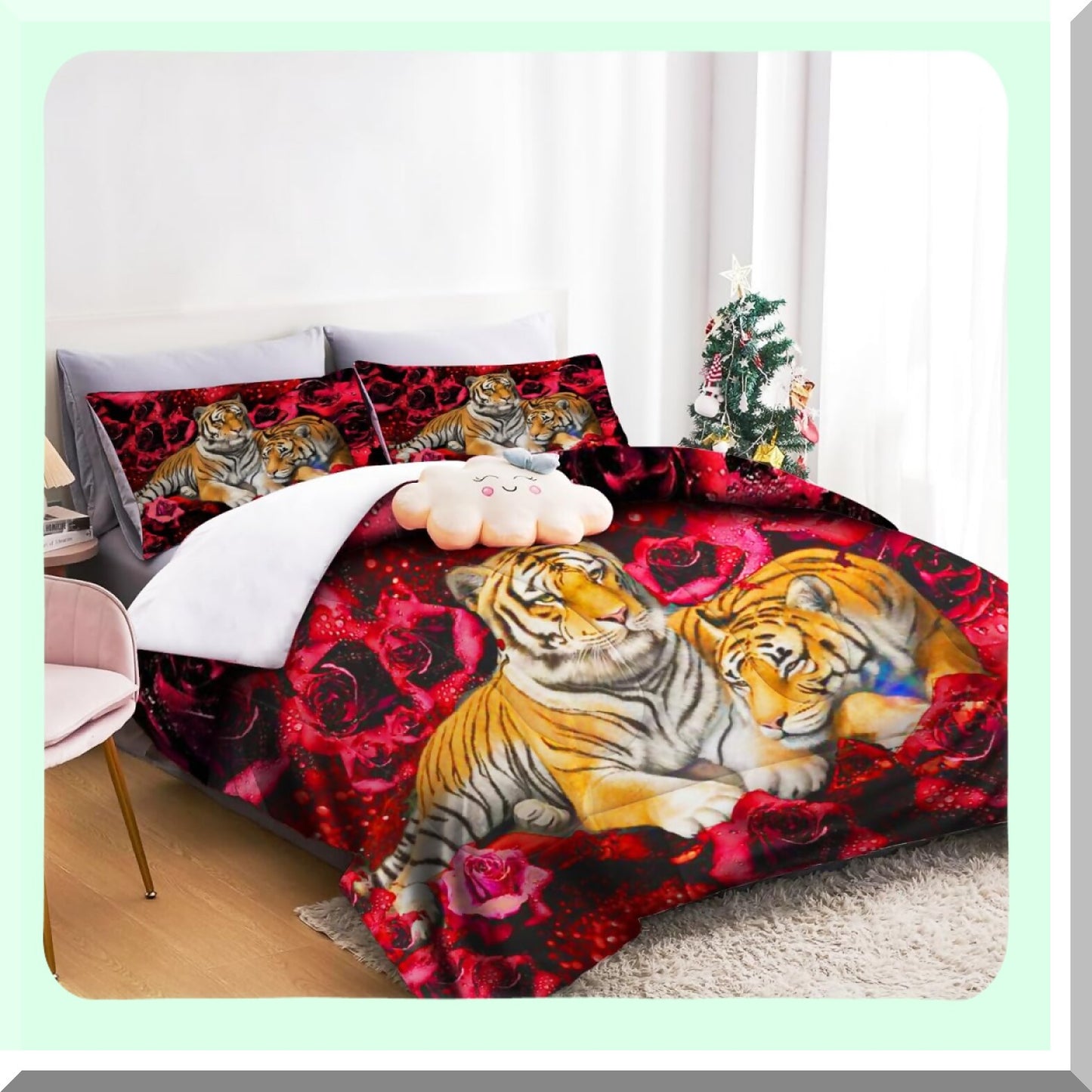 Rose Tiger Garden Comforter Set - 3PC Floral Animal Print Bedding - Romantic Red Flower Bedding Sets for Room Decor