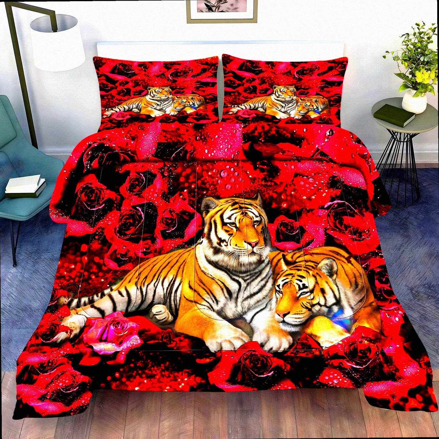 Rose Tiger Garden Comforter Set - 3PC Floral Animal Print Bedding - Romantic Red Flower Bedding Sets for Room Decor