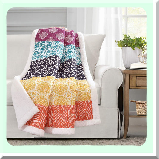 Boho Bliss Sherpa Throw Blanket - Vibrant Fuchsia & Orange Stripes, 50"x60" - Cozy Quilted Design for Bed, Couch, or Chair