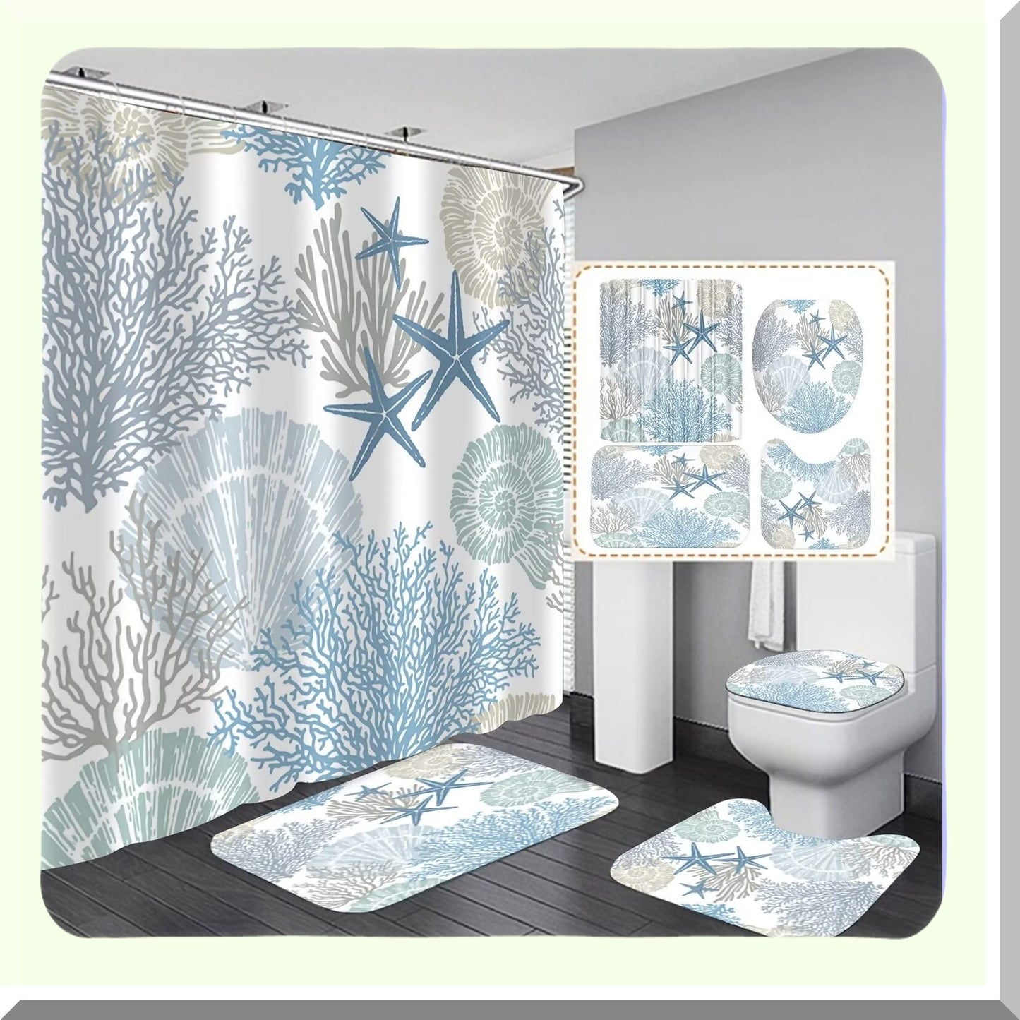 4 Pcs Beach Shower Curtain and Rugs Set Blue Starfish