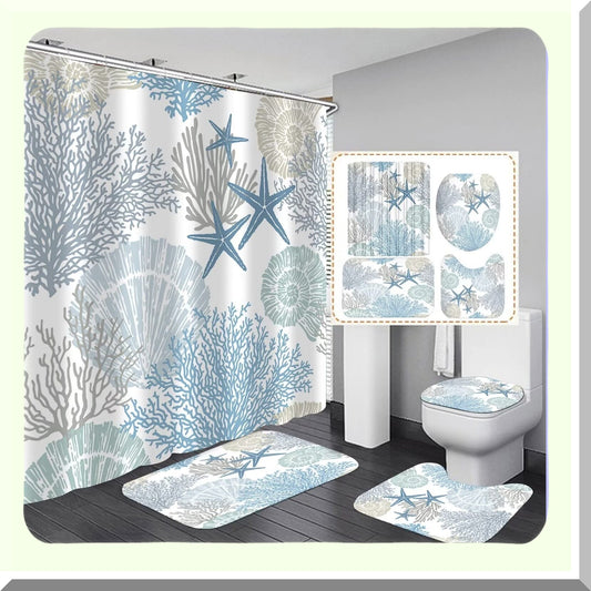 4 Pcs Beach Shower Curtain and Rugs Set Blue Starfish