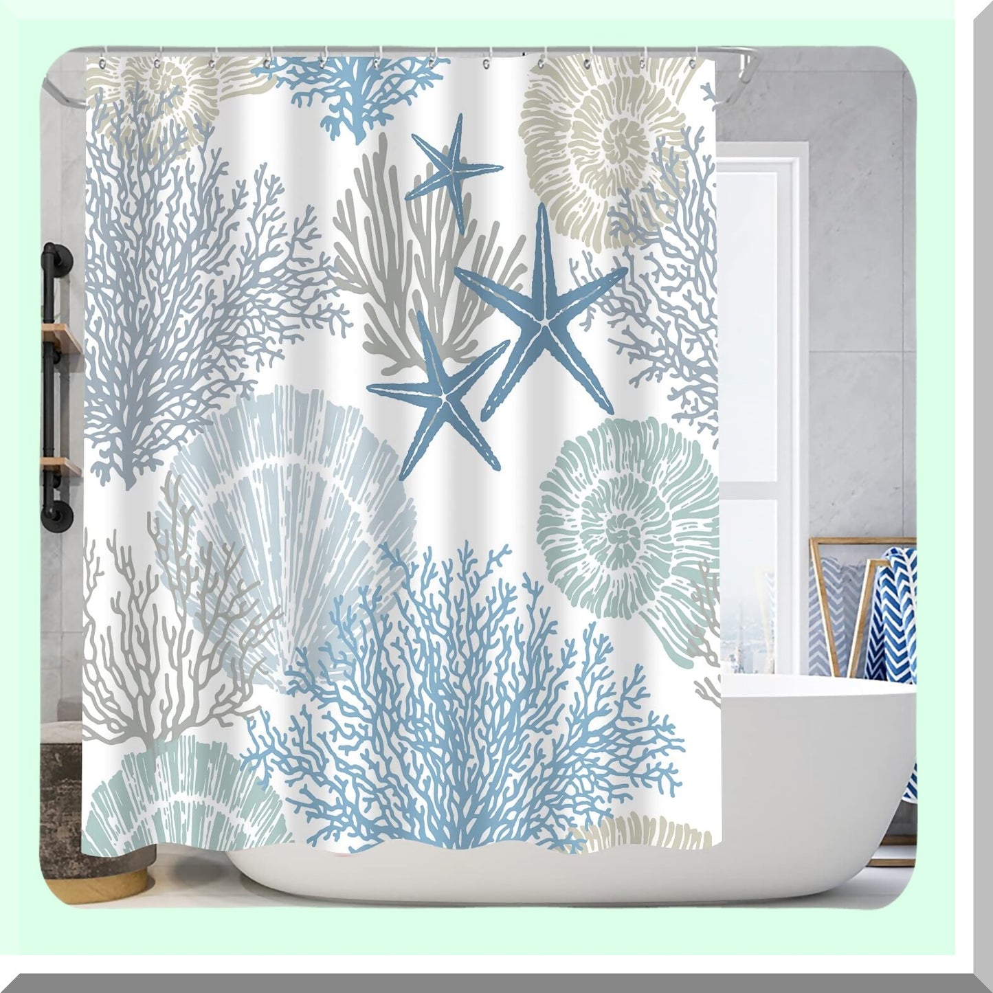 4 Pcs Beach Shower Curtain and Rugs Set Blue Starfish